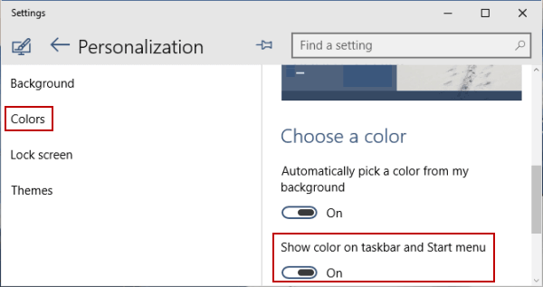 turn on show color on taskbar and start menu