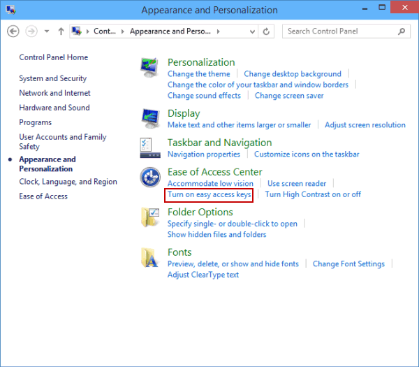 choose Turn on easy access keys