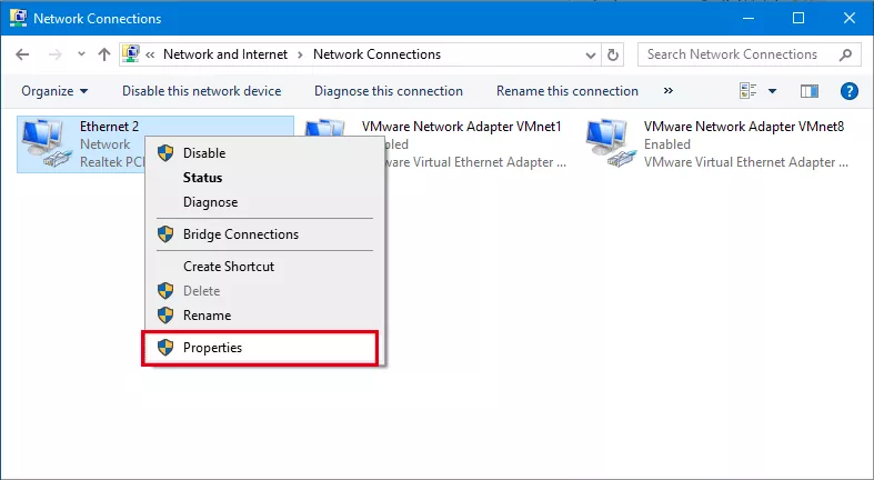 choose Properties for your adapter