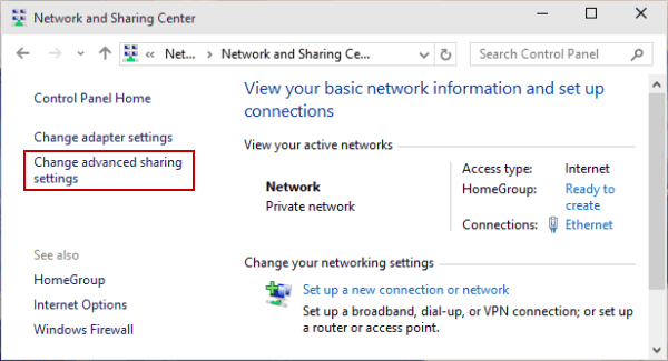 select Change advanced sharing settings