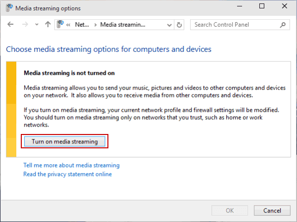 click turn on media streaming