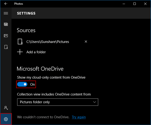 turn on microsoft onedrive in photos