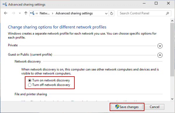 cannot turn on network discovery in windows 10