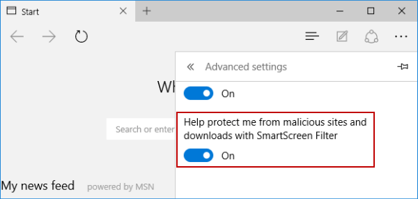 toggle on smartscreen filter in microsoft edge