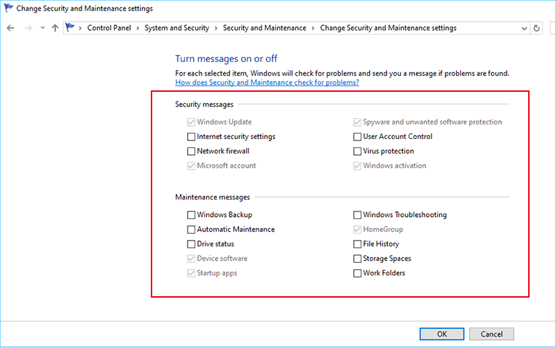 uncheck Security and Maintenance message
