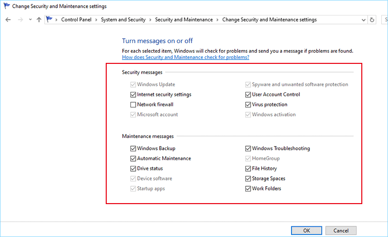 select Security and Maintenance messages