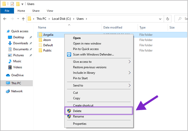 delete profile folder in file explorer