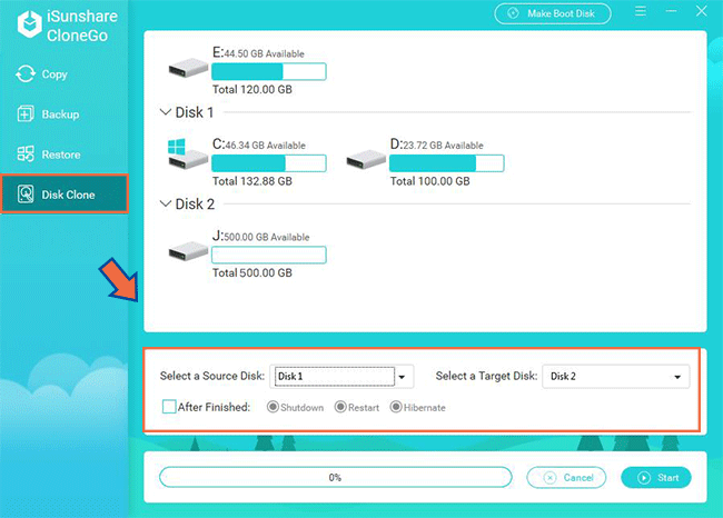 select source and target disk