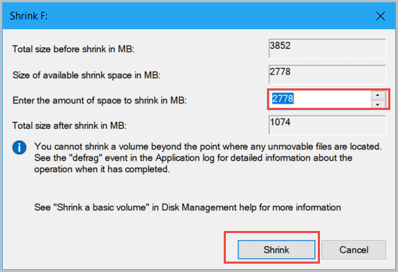 enter the amount of space to shrink