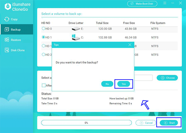  Click Start to run Windows system backup process