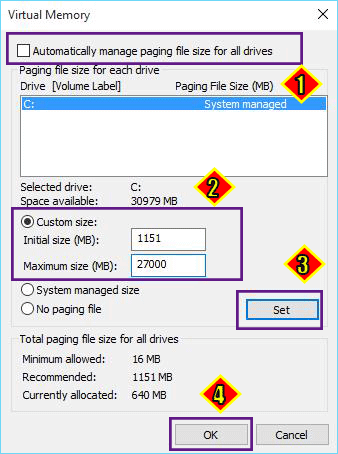 set initial size and maximum size