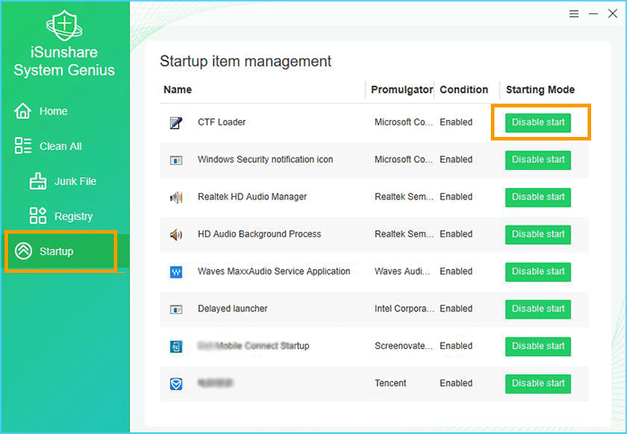  disable startup program using iSunshare System Genius/