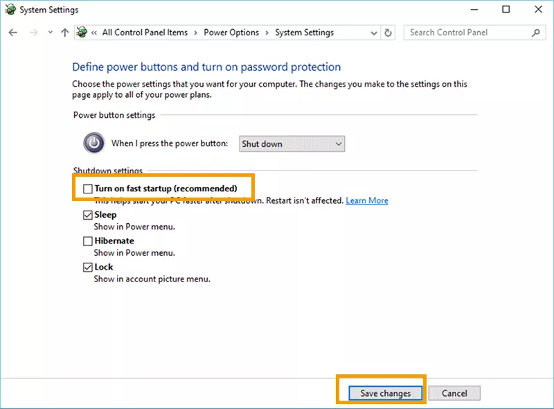 uncheck Turn on fast startup