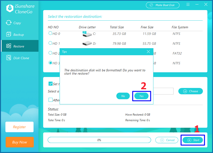 click Start button to start restoration process