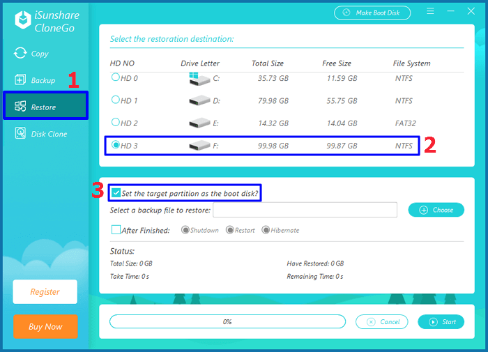 select a partition as restoration destination