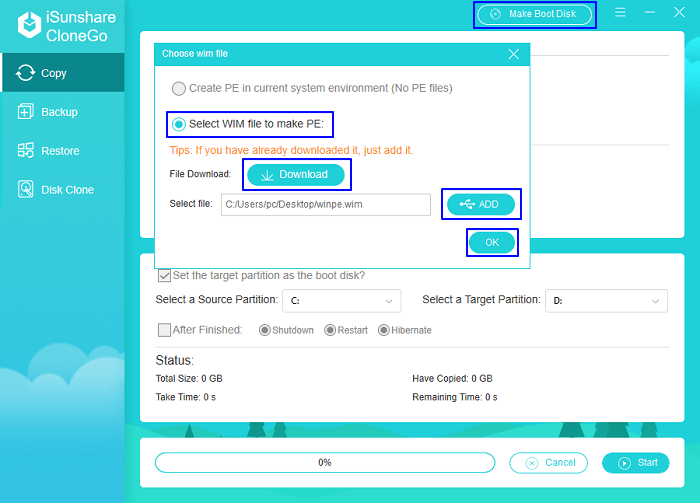 select WIM file to make bootable USB disk