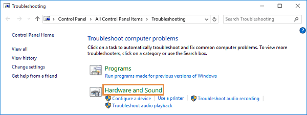 click the Hardware and Sound option