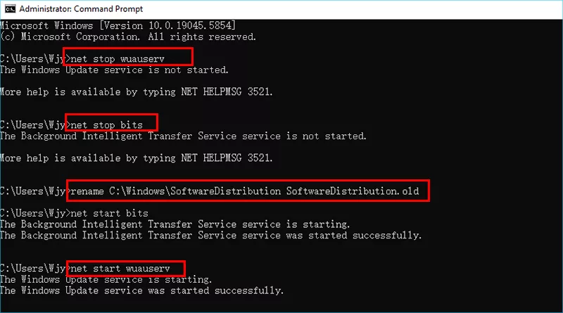clear Windows update caches via cmd