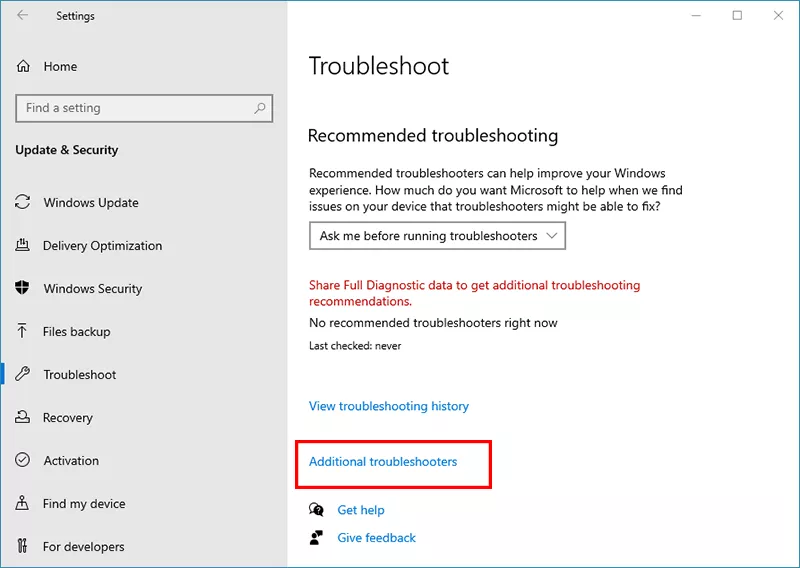 click Additional Troubleshooters