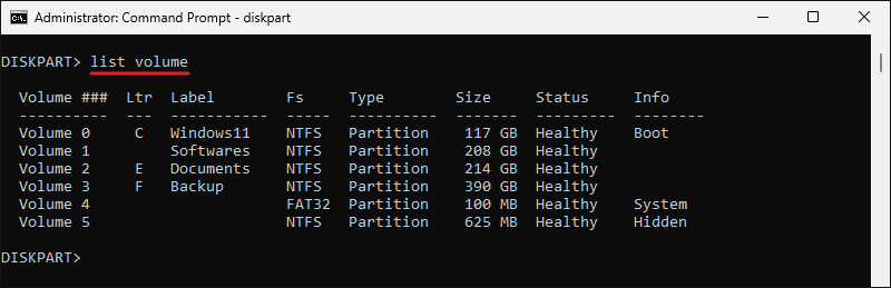 type list volume