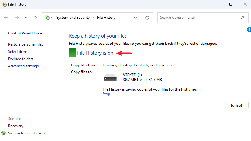 turn on file history