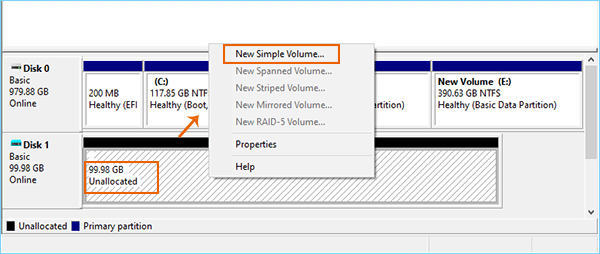 choose new simple volume option for virtual hard disk