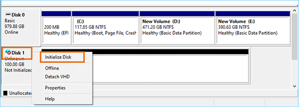 right click the disk and select Initialize the disk