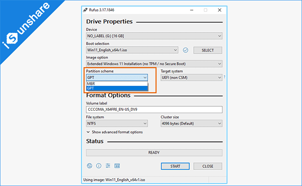 select GPT as the partition scheme