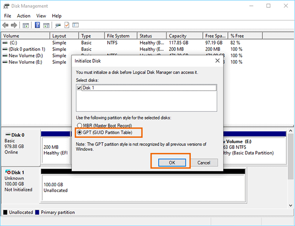 select GPT partition style