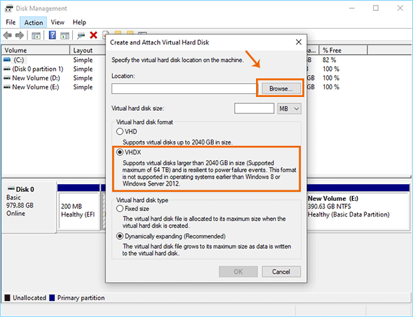 click Browse to select location for virtual hard disk