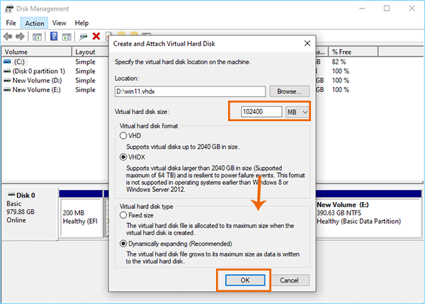 set virtual hard disk size