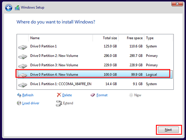 choose the new created partition to install Windows 11