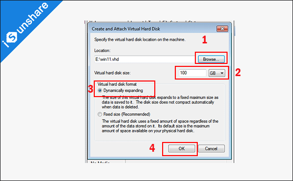 specify the settings for virtual hard disk