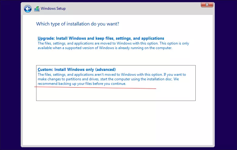 choose Custom install Windows only