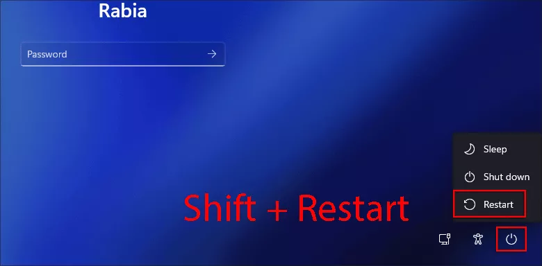 click Restart from login screen