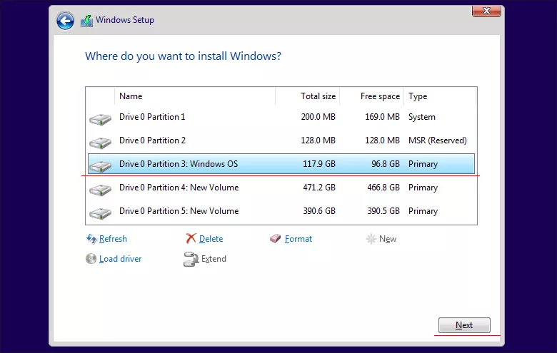 select partition to install Windows