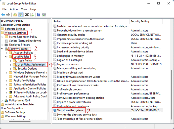 tap Windows Settings>> Security Settings>> Local Policies>>User Rights Assignment >> Shut down the system