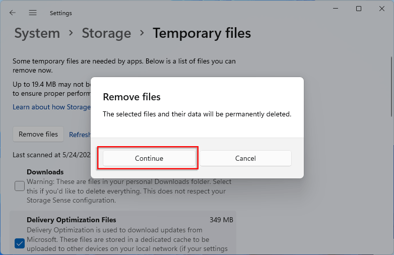 click on Continue to permanently deleted files