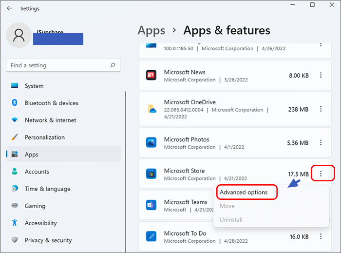 click Advanced options for Microsoft Store