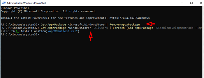 execute commands to uninstall or reinstall Microsoft store