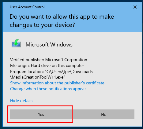 click Yes to allow changes