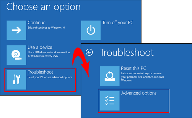 select advanced options from troubleshoot settings