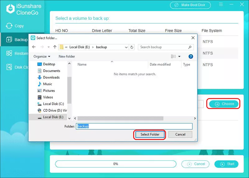 select folder to save the backup