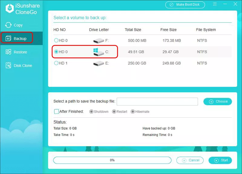select system drive to back up