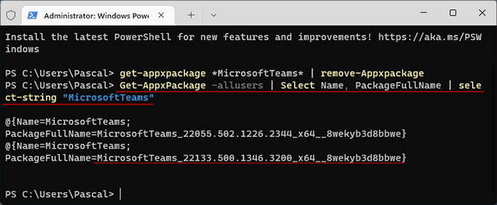type the command to get Microsoft Teams package full name