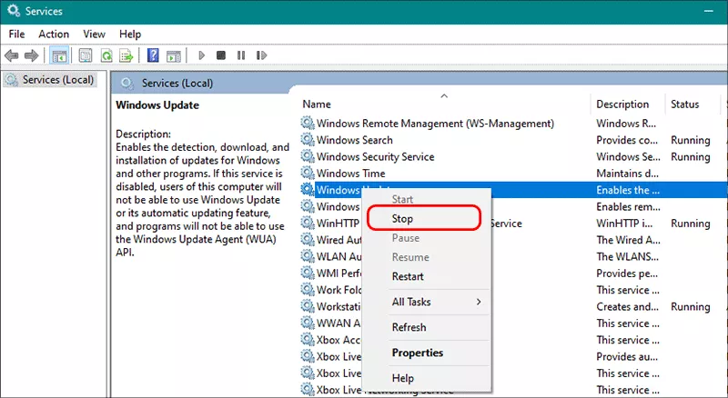 stop Windows update service