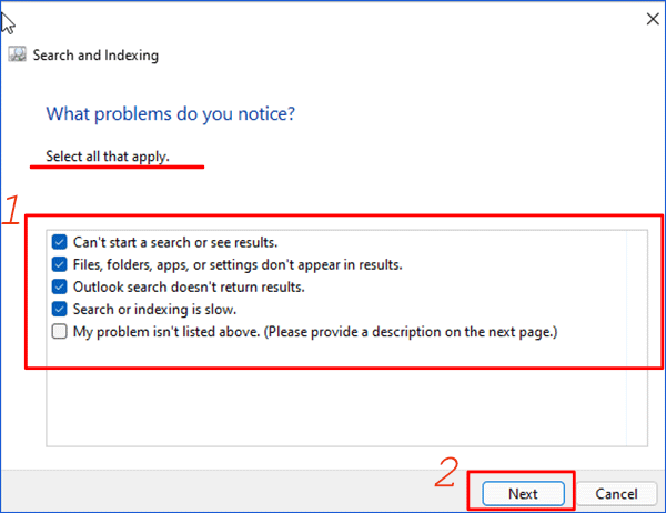 select the problem that apply and then click next