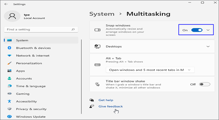 re-enable snap windows and click drop-down menu