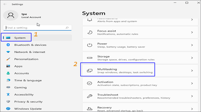 click system of the left-hand menu and go to multitasking of the right-hand pane