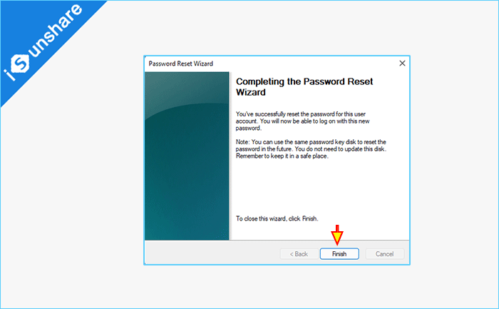 click Finish in password reset wizard